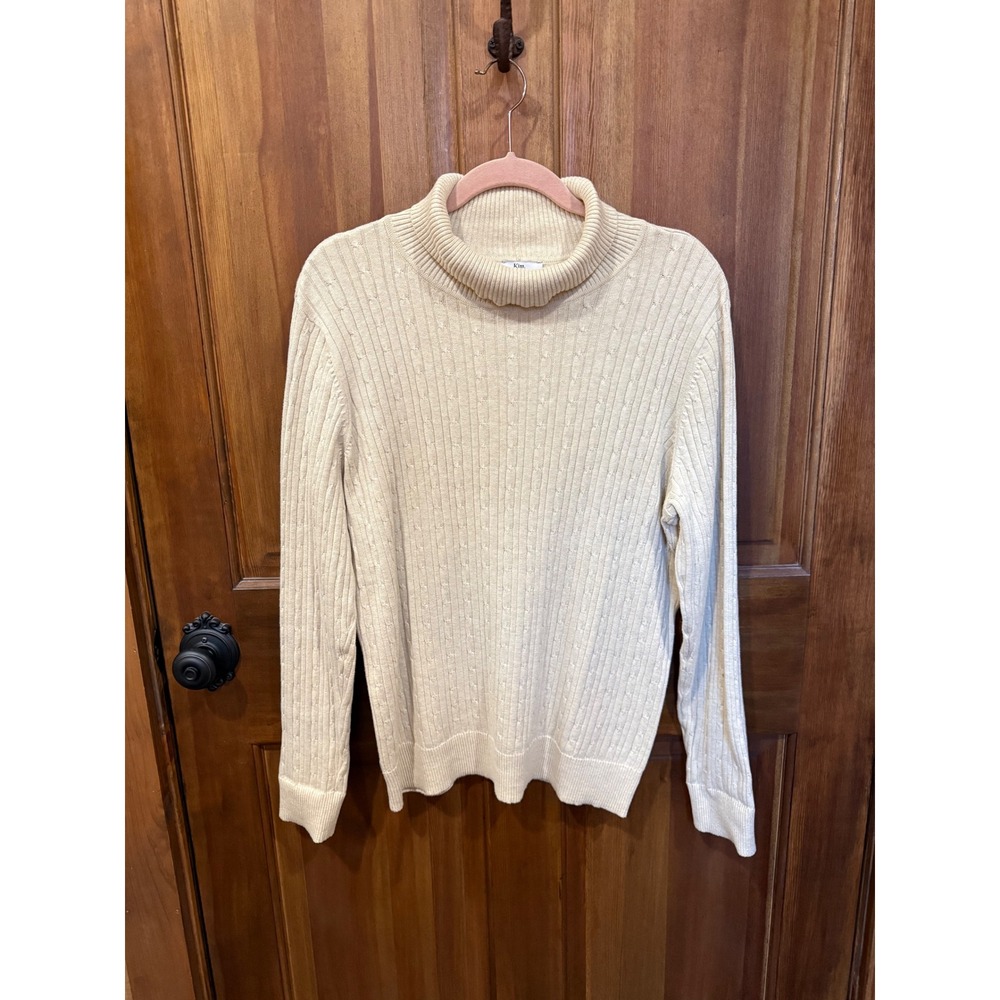 Kim Rogers Women Beige Cable Knit Turtleneck Sweater 100% Cotton Size M